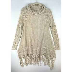 Vintage America Blues Women's M Beige Hooded Tunic Sweater Fringe Festival Boho